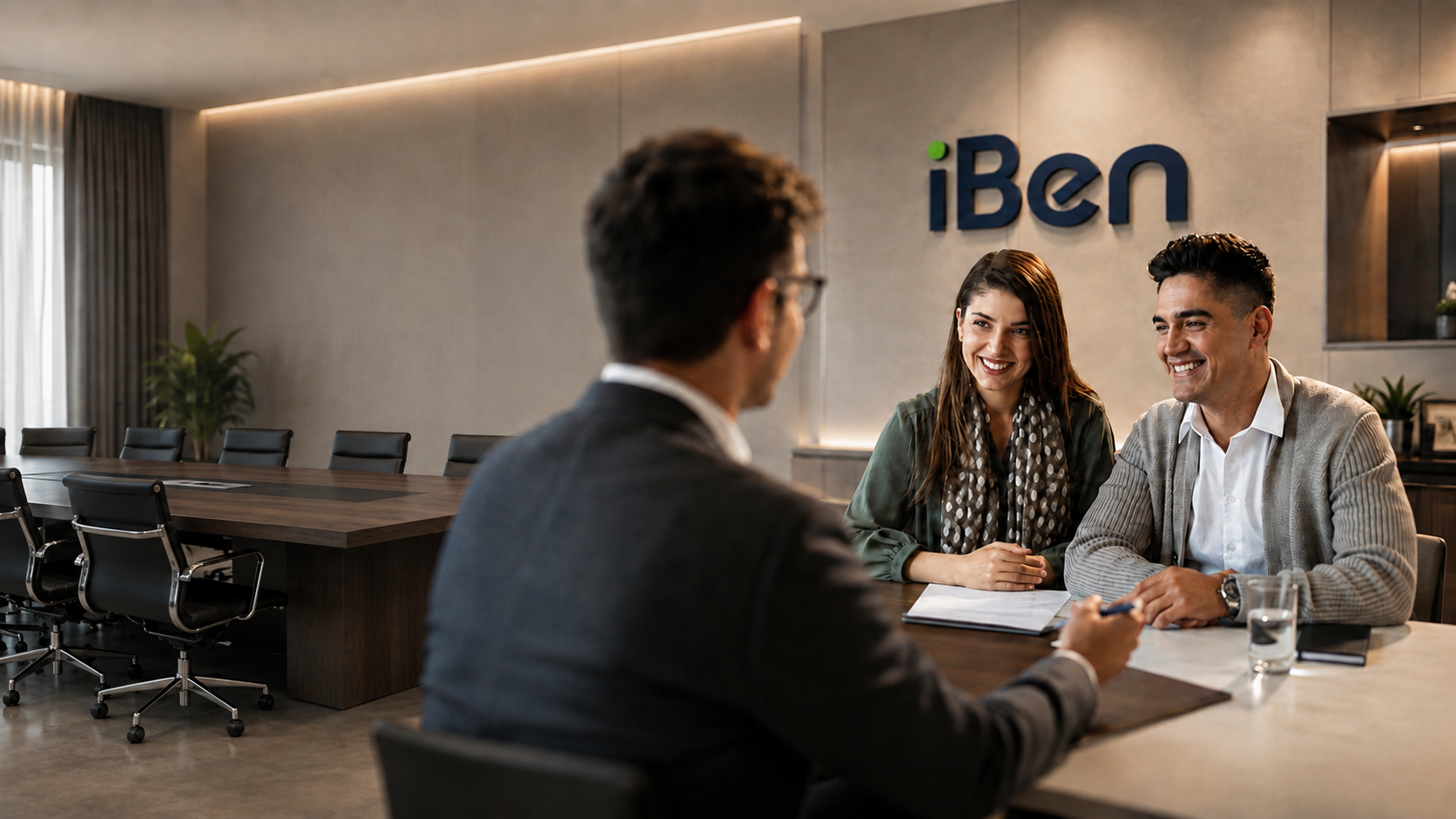 Consultor financeiro atendendo um casal em sala executiva da iBen
