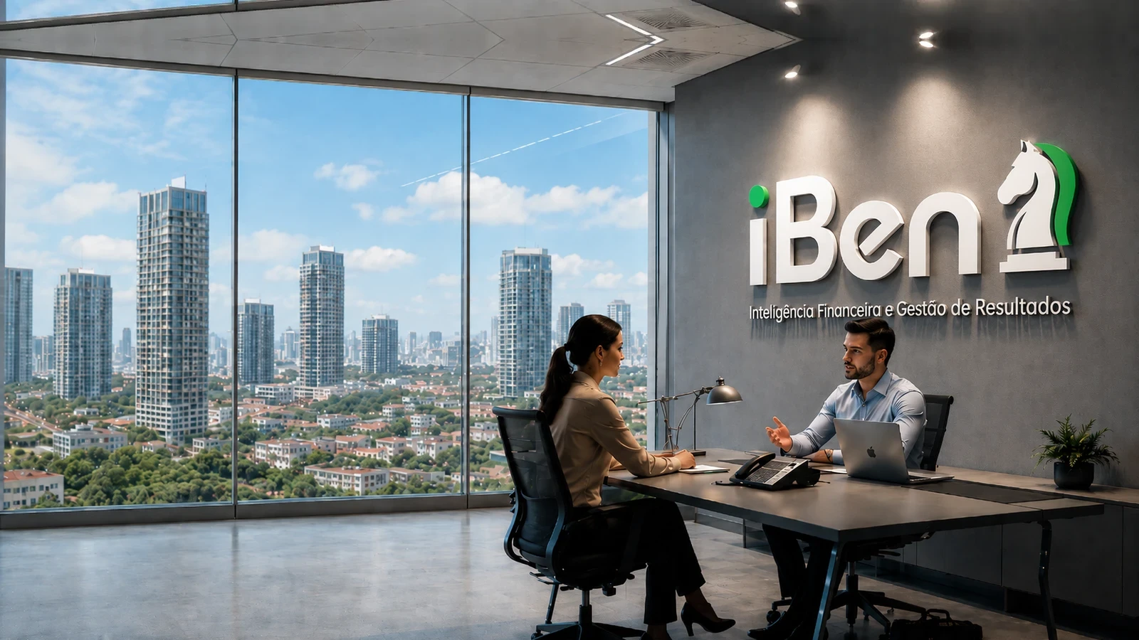 Executivos em reunião estratégica com vista corporativa