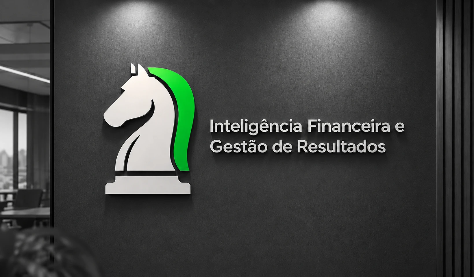 Logomarca do cavalo iBen em parede corporativa